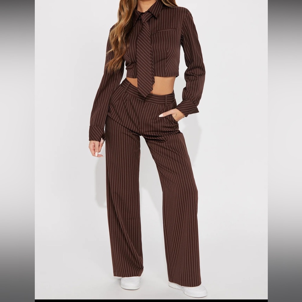 Brown pinstripe set from fashion nova